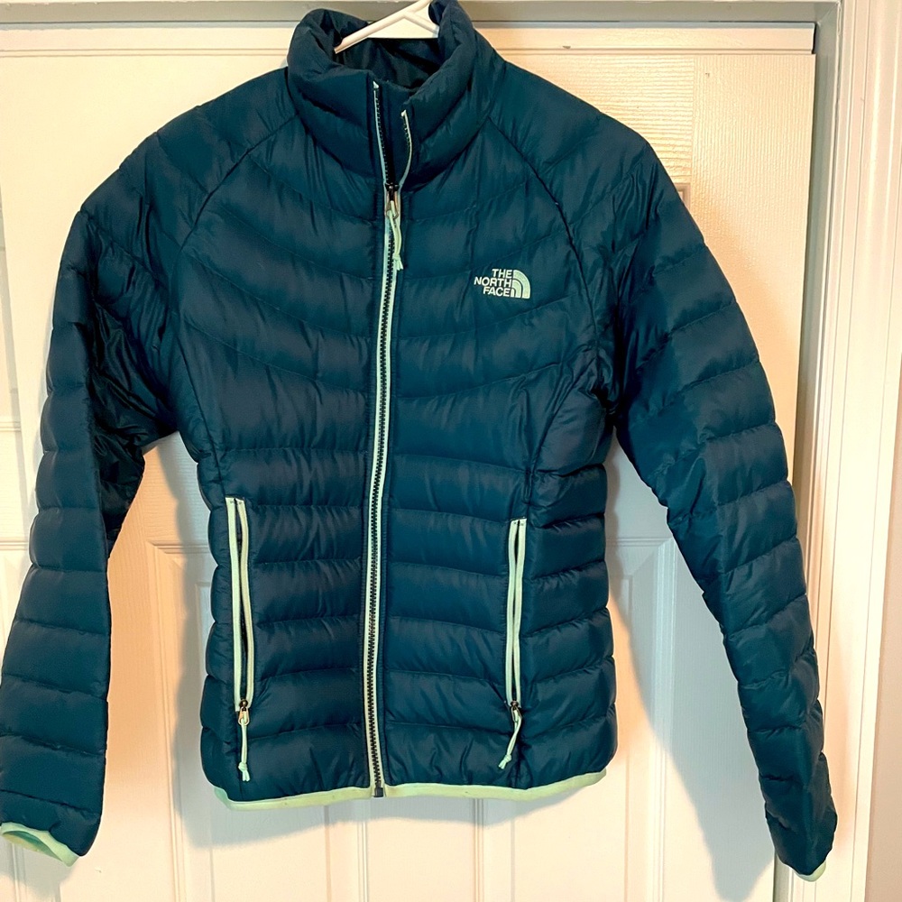 Blue north face puffer jacket